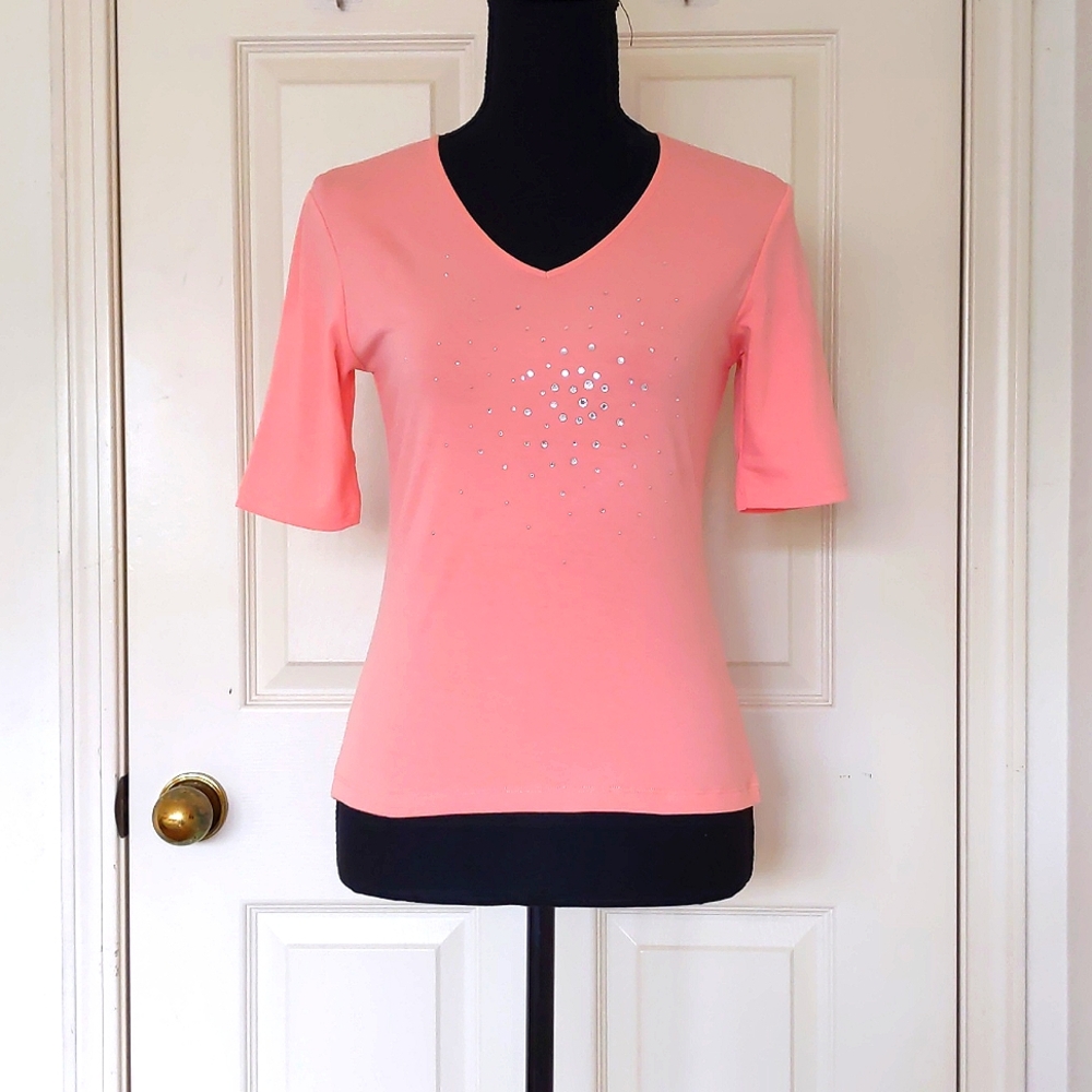 NWOT. Crystals Decorated Stretch V-Neck Peach Blouse with half sleeve.
